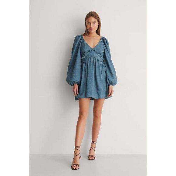 NA-KD Gathered Puff Sleeve Mini Dress In Blue Size 34 EU (4US) NEW - Picture 3 of 8